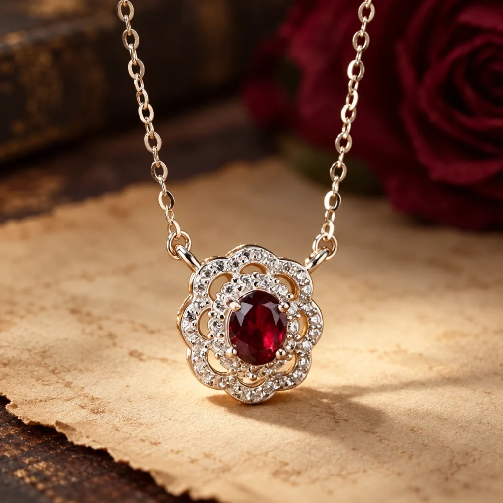 Garnet Lace Necklace styled on warm paper with burgundy fabric