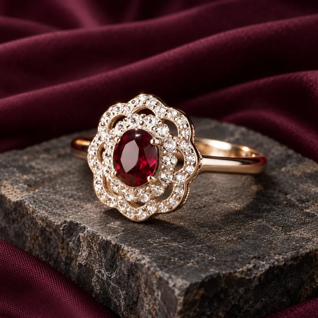 Nocthira dark romantic jewelry still life on dark stone and burgundy silk