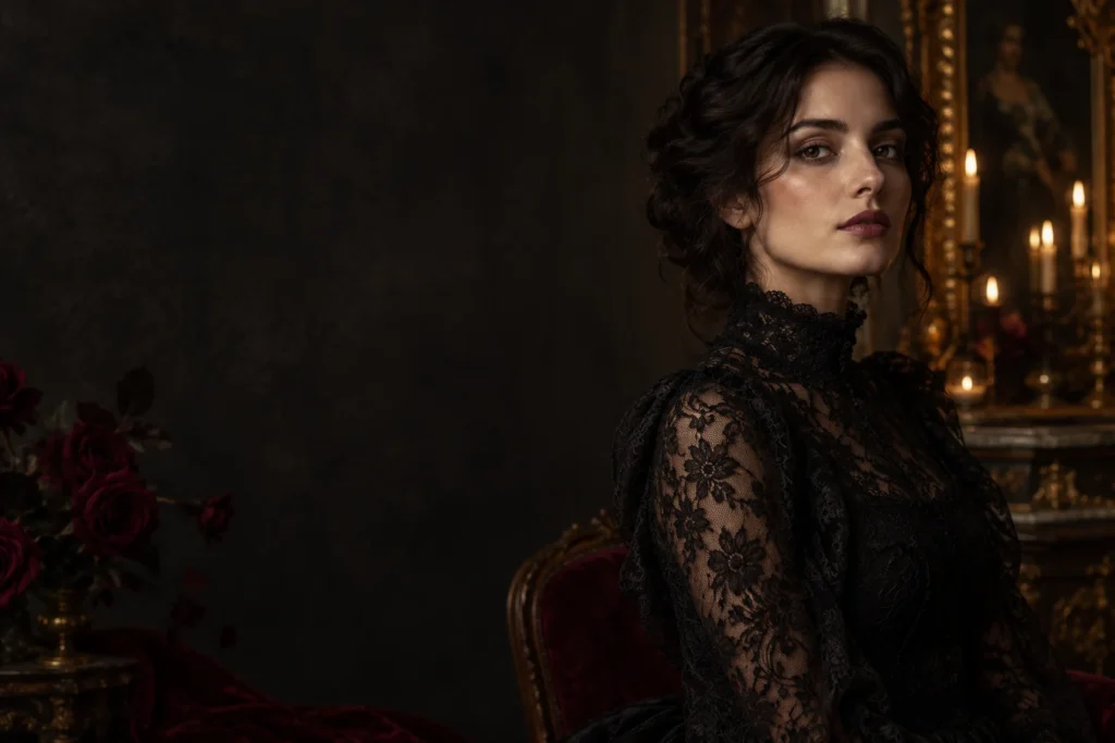 Nocthira dark romantic fashion portrait with black lace and burgundy roses